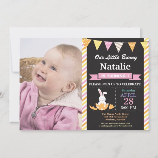 ウサギの誕生日ガール イースターエッグの誕生日 招待状 (正面)