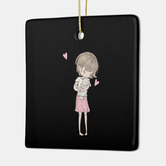 ウサギの贈り物|かわいい小さな女の子&バニーラビットピンク セラミックオーナメント (左)