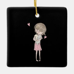 ウサギの贈り物 かわいい小さな女の子&バニーラビットピンク セラミックオーナメント