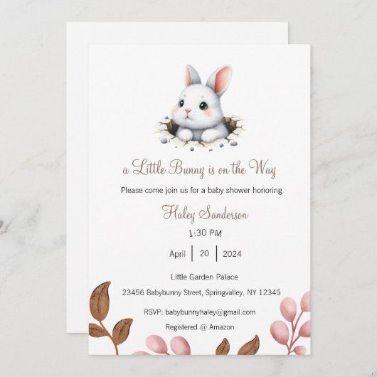 ウサギの赤ちゃんがやってくる！招待状、ベイビー 招待状 (正面/裏面)