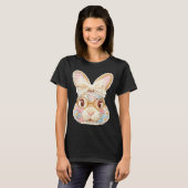 ウサギの顔のメガネの花柄パッチワークのウサギ Tシャツ (正面フル)