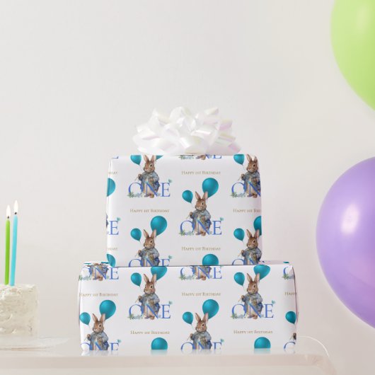 ウサギの風船で1歳の誕生日をお祝い ラッピングペーパー (パーティーギフト)