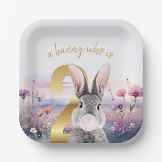 ウサギの2歳の誕生日 ピンクの風船ガム ペーパープレート (正面)
