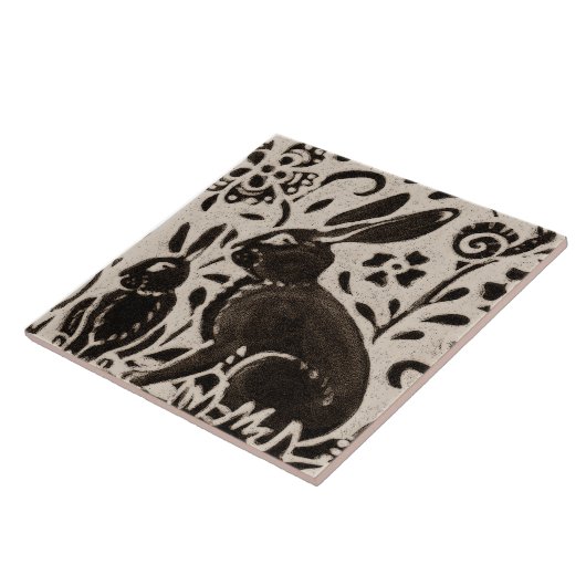 ウサギろうけつ染めの森林動物淡灰色褐色フローラ タイル (側面)