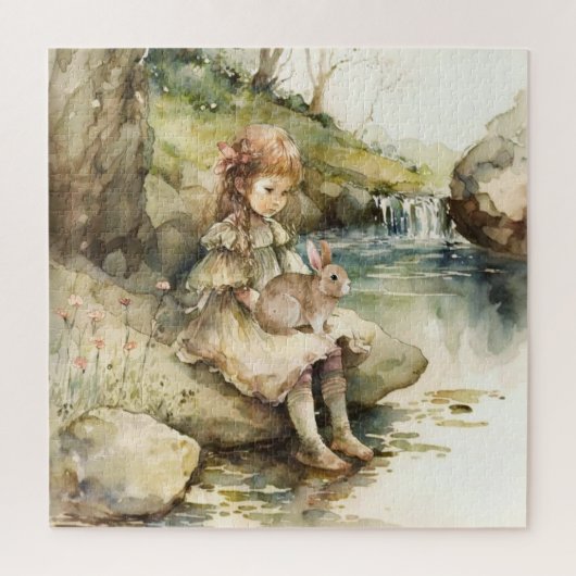 ウサギを抱く女の子の水彩画 ジグソーパズル (縦)