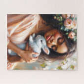 ウサギを抱く黒人の女性の花柄アートパズル ジグソーパズル (横)
