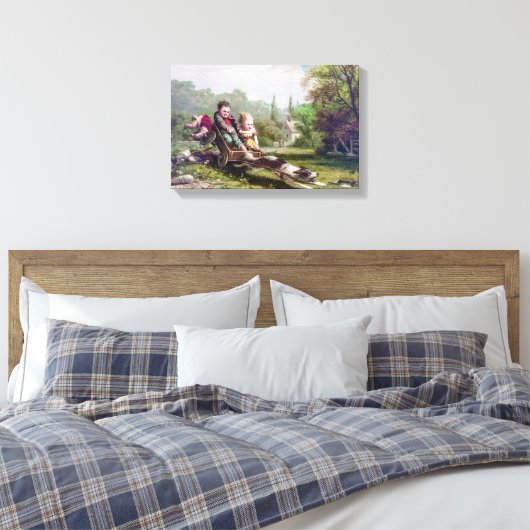 ウサギを追いかける子どもと犬絵画ヴィンテージ キャンバスプリント (インサイチュ (寝室))