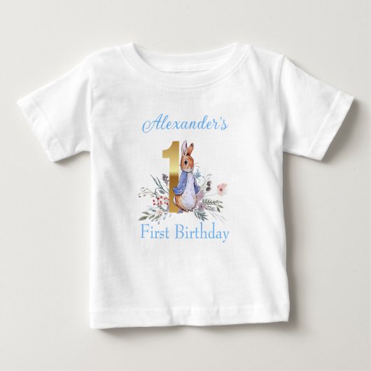 ウサギカスタムのピーター最初の誕生日 ベビーTシャツ (正面)