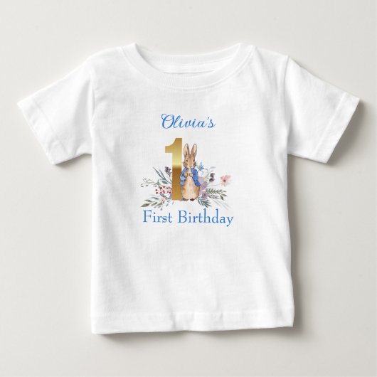 ウサギカスタムのピーター最初の誕生日 ベビーTシャツ (正面)
