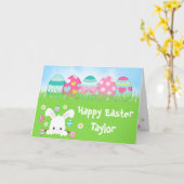 ウサギターコイズブルー&ピンクエッグハッピーイースター カード (黄色い花)