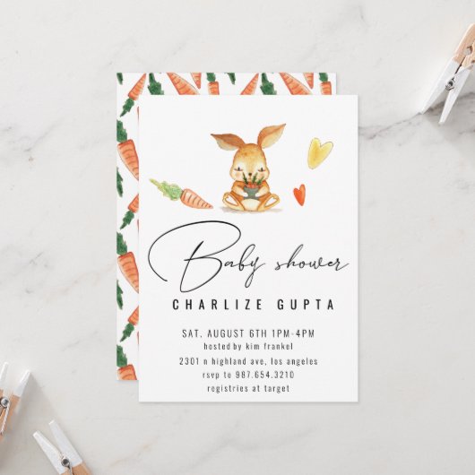 ウサギニンジンハートベビーシャワー招待状ガールピンク 招待状 (正面/裏面インサイチュ)