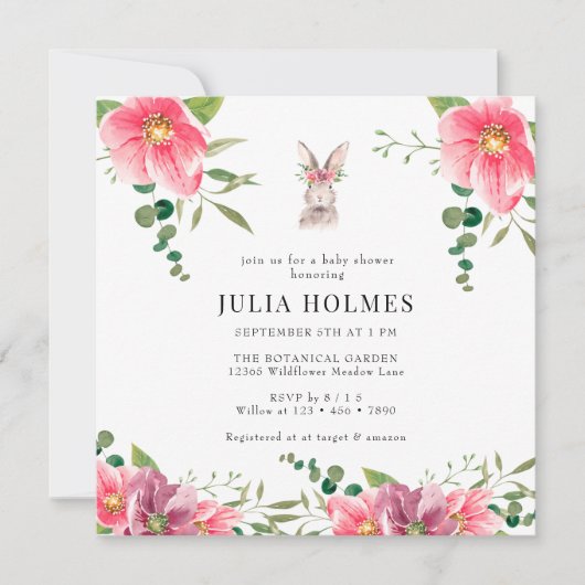 ウサギフローラ |緑の赤ちゃんシャワー 招待状 (正面)