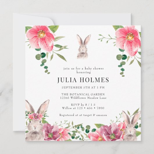 ウサギフローラ |緑の赤ちゃんシャワー 招待状 (正面)