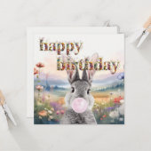 ウサギ吹のピンクバブルガムハッピーバースデー カード (正面/裏面インサイチュ)