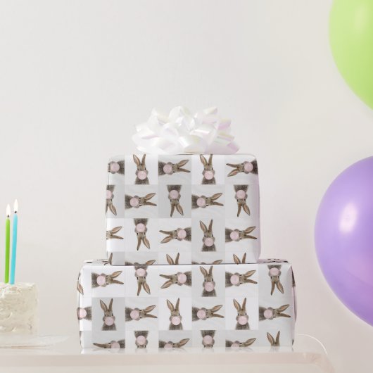 ウサギ吹のピンクバブルガム ラッピングペーパー (パーティーギフト)