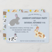 ウサギ子供の誕生日パーティーまたはイースターライトブルー 招待状 (正面/裏面)