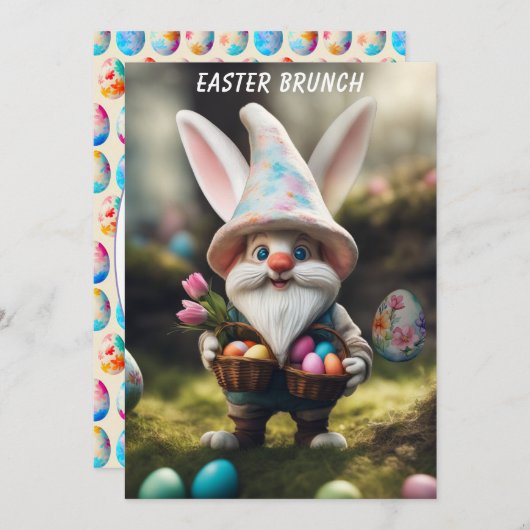 ウサギ格言卵バスケットイースターブランチ 招待状 (正面/裏面)