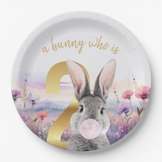 ウサギ第2誕生日吹のピンクバブルガム ペーパープレート (正面)
