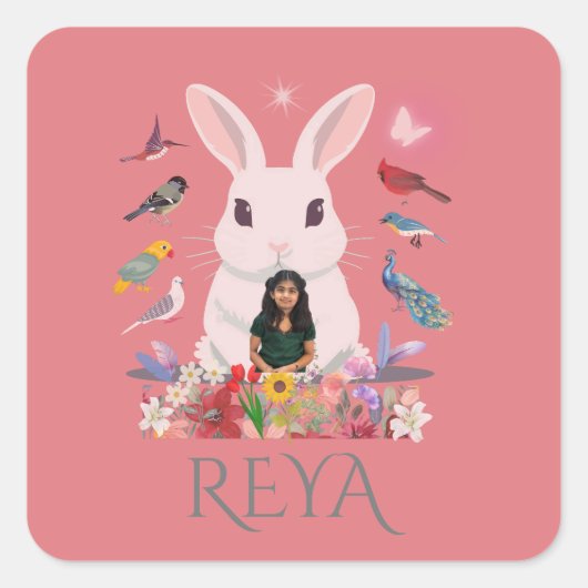 ウサギ花と鳥のパーソナライズされたデザイン スクエアシール (正面)