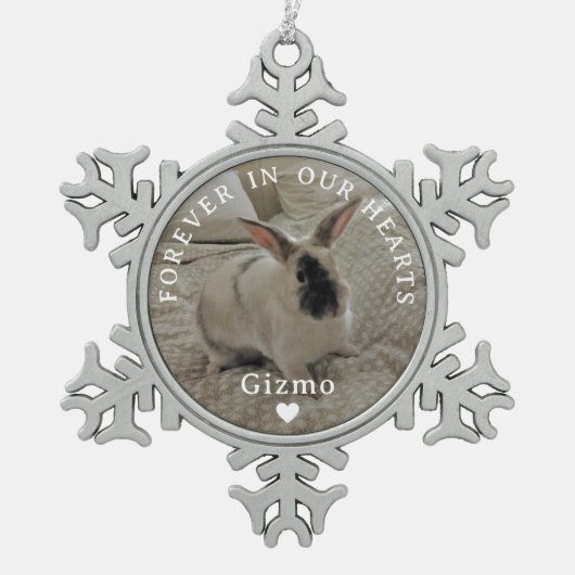 ウサギ記念写真 |私たちのハート スノーフレークピューターオーナメント (正面)