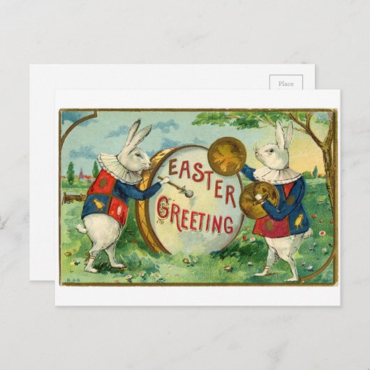 ウサギ遊のドラムアンティークイースター挨拶 シーズンポストカード (正面/裏面)