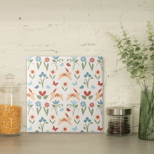 ウサギ野草フォークアートパターン タイル