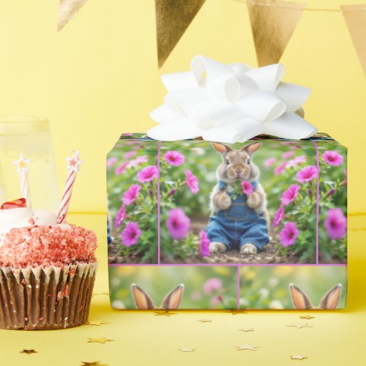 ウサギ食べのピンクのペチュニアの花 ラッピングペーパー (誕生日パーティー)