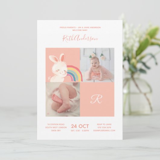 ウサギ・アルファベットモノグラムかわいい赤ちゃんシャワー 招待状 (スタンド正面)