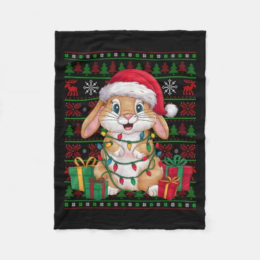 ウサギ クリスマスイルミネーション ださいサンタ帽子 ウサギ クリスマス フリースブランケット (正面)