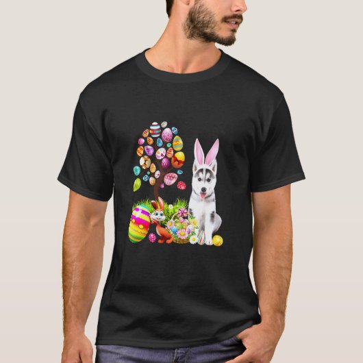 ウサギ ハスキー 犬 ハッピー イースター エッグス ツリー Tシャツ (正面)