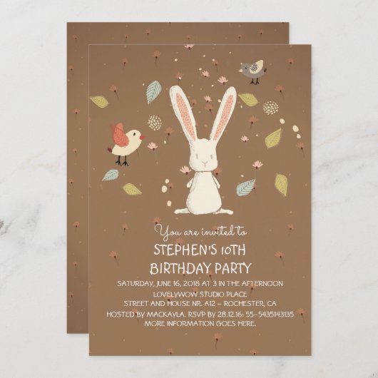 ウサギ – バニーウッドランド誕生日パーティー 招待状 (正面/裏面)
