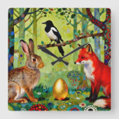 ウサギ、ヒヨドリ、キツネと「森の秘密」 スクエア壁時計 (正面)