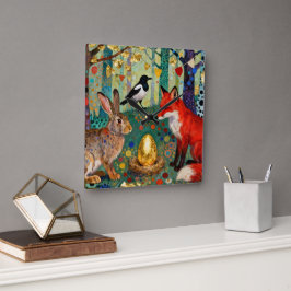 ウサギ、ヒヨドリ、キツネと「金のガチョウの卵」 スクエア壁時計