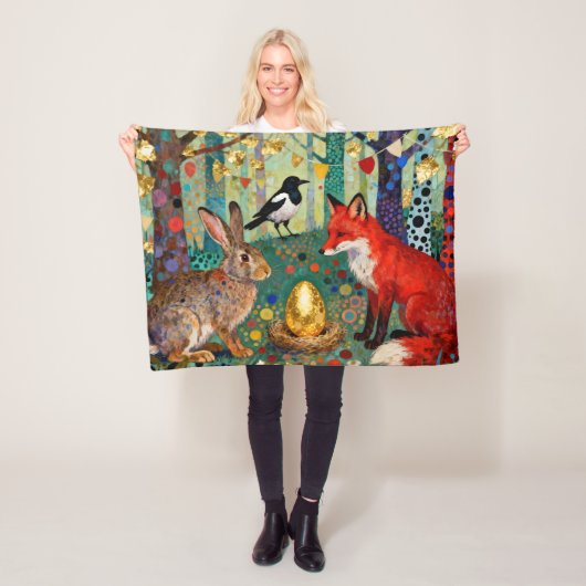 ウサギ、ヤマガミ、キツネと「黄金のガチョウの卵」 フリースブランケット (インサイチュ)