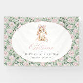 ウサギ、リボン、ピンクの花、初誕生日ウェルカム 横断幕 (横)