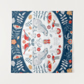 ウサギ、花：フォークアートのバナー。 タペストリー (正面(横))