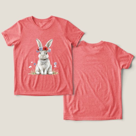 ウサギ 赤いポピー花 トライブレンドＴシャツ (デザイン正面&裏面)