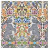 ウサギ、鳥の花、タイル張りのデザイナー織物 ファブリック (クローズアップ)