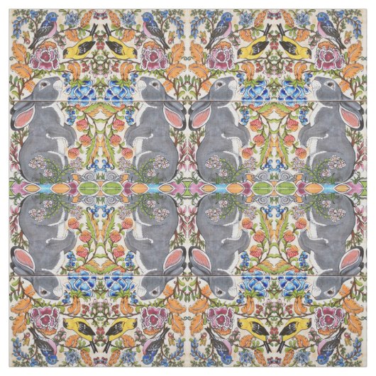 ウサギ、鳥の花、タイル張りのデザイナー織物 ファブリック (見本)