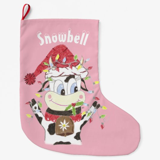 ウシパーソナライズされたピンクのクリスマスストッキング ラージクリスマスストッキング (正面)