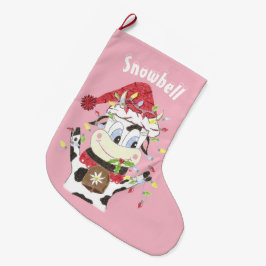 ウシパーソナライズされたピンクのクリスマスストッキング ラージクリスマスストッキング
