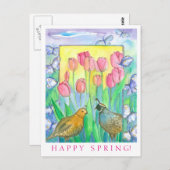 ウズイルバーズピンクチューリップウォーターカラーハッピー春 ポストカード (正面/裏面)