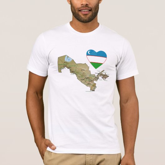 ウズベキスタンの旗のハートおよび地図のTシャツ Tシャツ (正面)