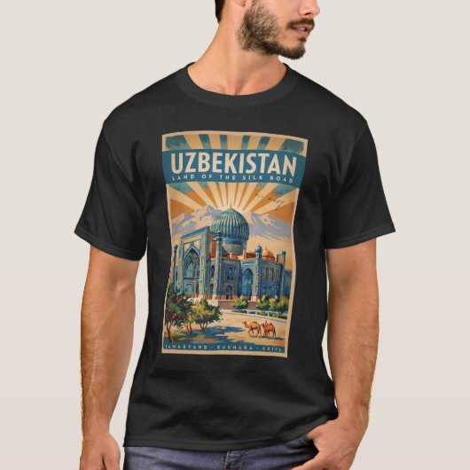 ウズベキスタン ラクダ イラスト 旅行 アート ヴィンテージ Tシャツ (正面)