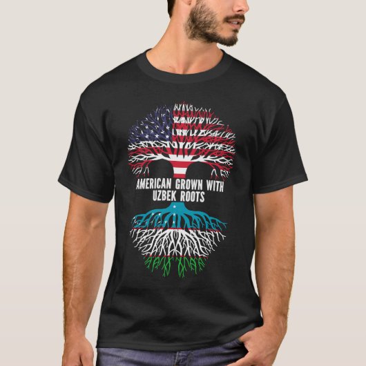 ウズベクのルーツで栽培されたアメリカ国旗 Tシャツ (正面)