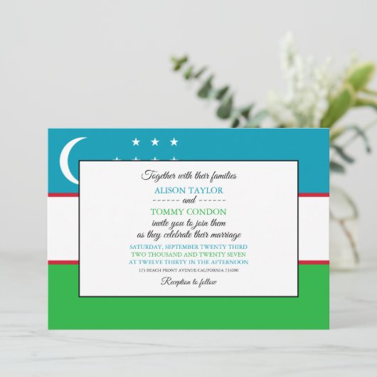 ウズベク国旗、ウズベキスタン結婚国旗 招待状 (スタンド正面)