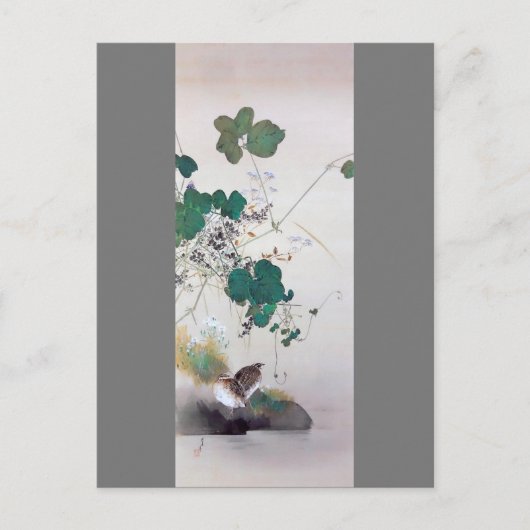 ウズラと秋の花と渡辺聖亭 ポストカード (正面)