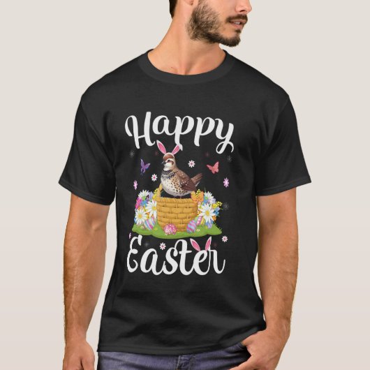ウズラの鳥幸せなイースターエッグハントウサギの耳ウズラ Tシャツ (正面)