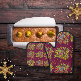 ウズラやナシの木、雪片が燃え立つ 鍋つかみ&鍋敷きセット