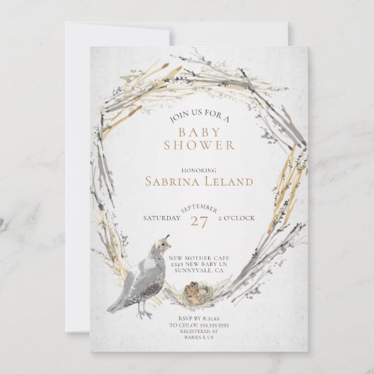 ウズラ素朴とベビーの巣の水の色ベビーシャワー 招待状 (正面)